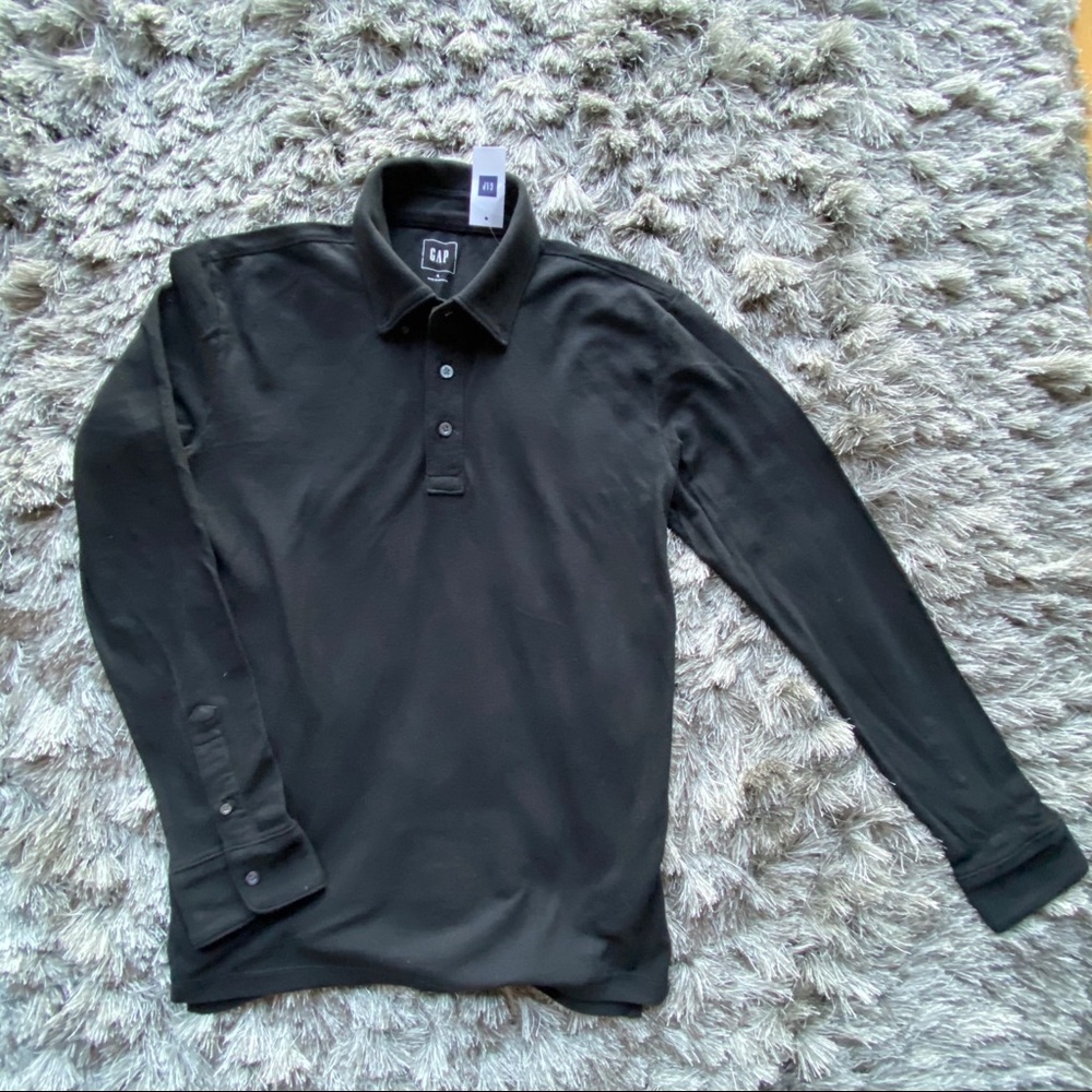 Gap Black Pique Cotton Long-Sleeved Polo N…